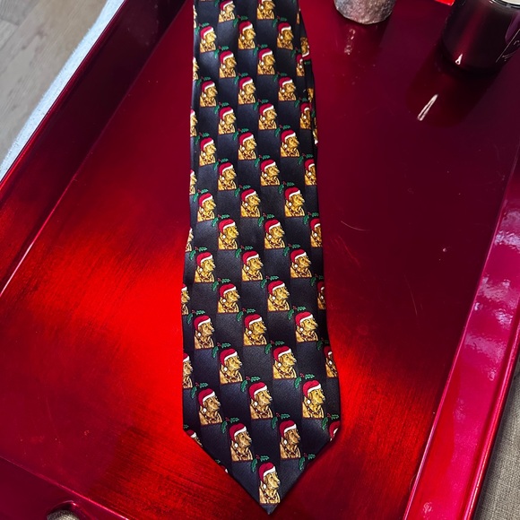 Festive Santa Dog Patterned Tie in Navy and Gold - Picture 2 of 3